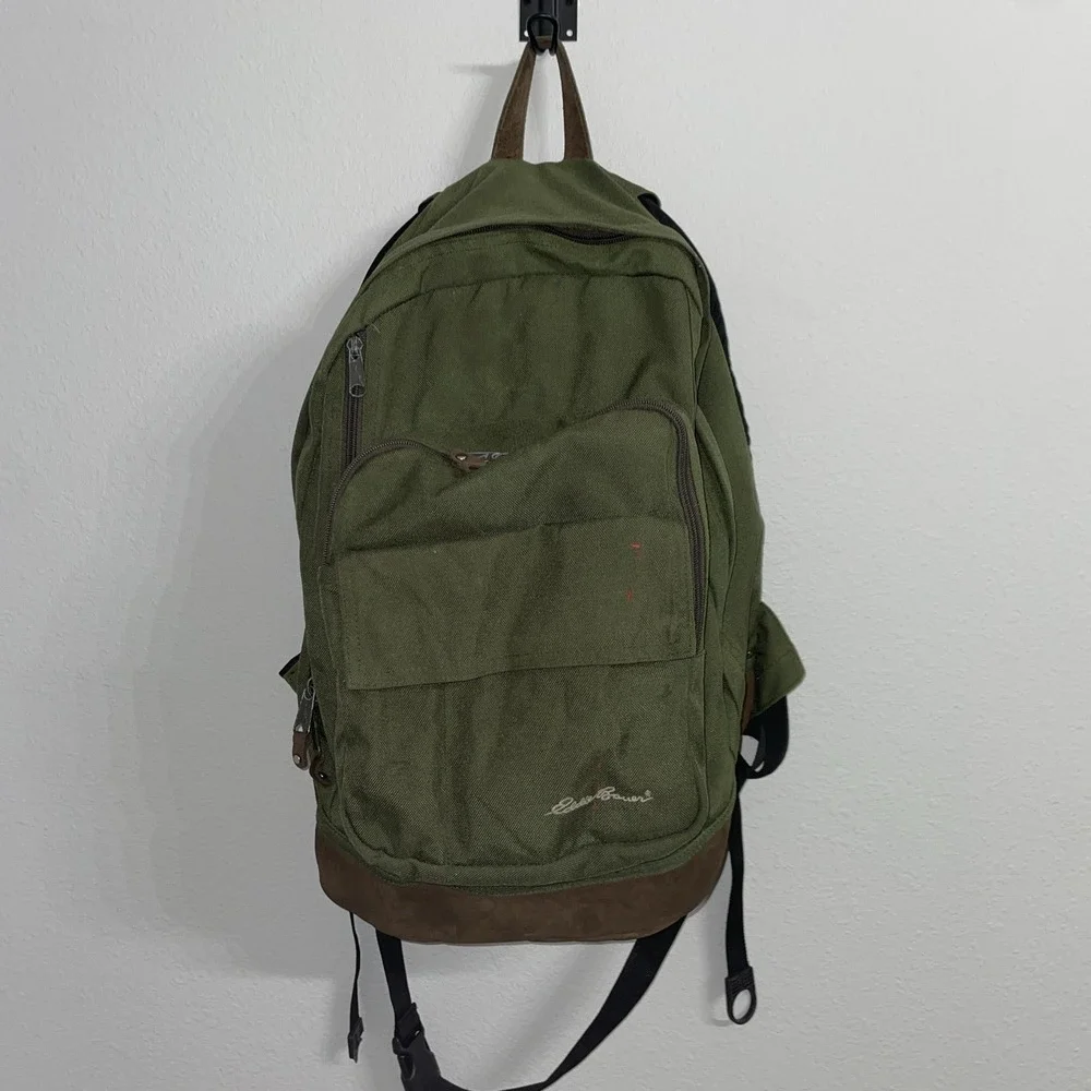 Vintage Eddie Bauer Suede Bottom‎ Backpack Green Travel Camping School Hiking